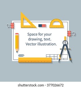 Zeichnen von Werkzeugen auf Papier mit Platz für Zeichnungen und Text. Lineal, Protraktor, Kompass, Bleistift, Papier. Vektorgrafik, flaches Design. Kann für Architektur und Schule verwendet werden.