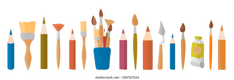 Drawing tools on a white isolated background. Palette knife ,, palette, paints, oil paints, tube of paint, watercolor, pencils. Flat vector illustration art studio, designing, drawing, art, education