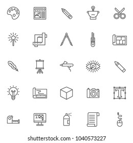 Drawing tools outline icons set. linear style symbols collection, line signs pack. vector graphics. Set includes icons as color palette, pencil, scissors, magic wand, crop, compass, blueprint, feather