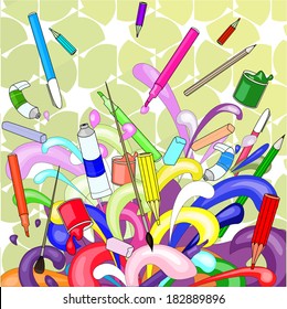 Drawing tools. Paints, brushes, pencils, crayons.