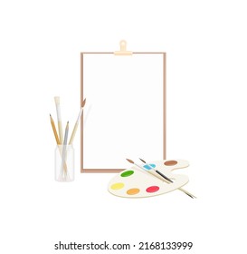 Drawing tools. Paints of different colors, brushes, pencils.  Folder-tablet with a sheet of paper. Set for the artist.