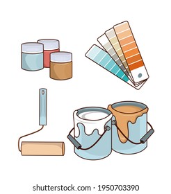 Drawing tools. A palette with colors. Paint roller. Cans of paint. Working tools of the artist. Design element, layout, print.