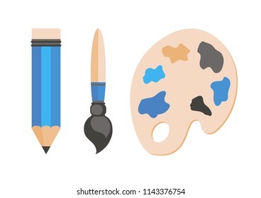 The drawing tools. Pencil. Brush. Palette. Art tools. Vector image. Icons. Emblems