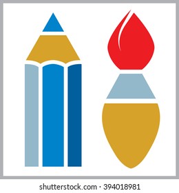 Drawing tools. Pencil, paintbrush. Vector illustration