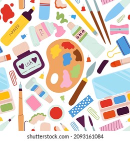 Drawing tools seamless pattern. Pen and watercolor, palette and ink. Isolated painting elements print, art studio, kids school workshop decent vector background