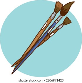 Drawing tools, set paint brushes in row on white isolated background. Artist painting materials.