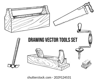 Drawing tools set. Vector illustration. Set of Tool icons. Hand drawn doodle Sketch line tools. Workshop retro vintage logo. Carpentry, woodworkers, sawmill, lumberjack tools