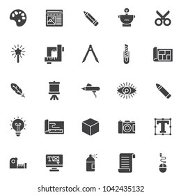 Drawing tools vector icons set, modern solid symbol collection, filled style pictogram pack. Signs, logo illustration. Set includes icons as color palette, pencil, scissors, magic wand, crop, compass