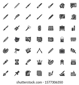 Drawing tools vector icons set, Art supplies modern solid symbol collection, filled style pictogram pack. Signs, logo illustration. Set includes icons as paintbrush, paint jar, color palette, easel