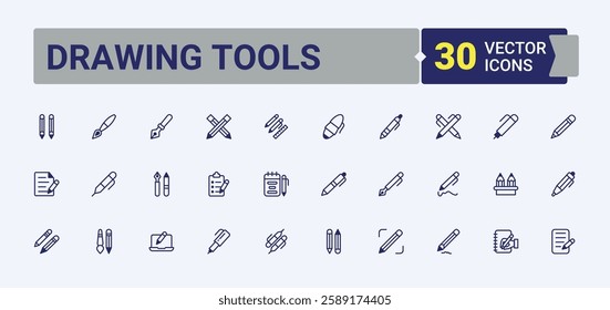 Drawing Tools vector line icon set. Icons stationery, edit, office, list, simple, paint, pen, book. Outline symbol collection. Vector outline and solid icons collection.