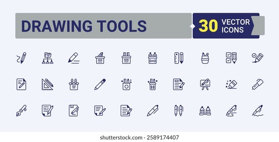 Drawing Tools vector line icon set. Icons stationery, edit, office, list, simple, paint, pen, book. Outline symbol collection. Vector outline and solid icons collection.