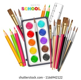 Drawing tools Vector realistic. Brush, watercolor palette, pencils, crayons. Detailed 3d illustrations