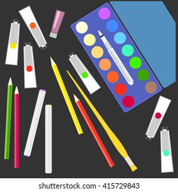 Drawing tools. Watercolor paints, pencils, brushes, markers. Vector illustration. 