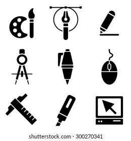 Drawing tools web and mobile logo icons collection isolated on white back. Vector symbols of education, learning, drawing and painting