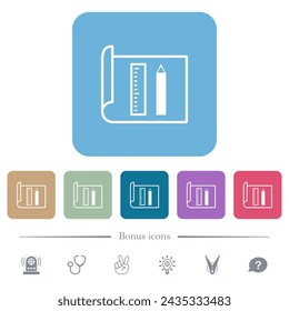 Drawing tools white flat icons on color rounded square backgrounds. 6 bonus icons included