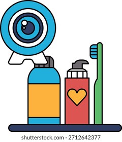 Un dibujo de un cepillo de dientes, pasta de dientes y una botella de enjuague bucal. El cepillo de dientes se coloca en una superficie, con la pasta de dientes y el enjuague bucal cerca. La Imagen pone de manifiesto la importancia de la higiene bucal