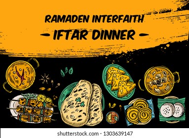 Drawing of top view Iftar dinner on the table, Vector