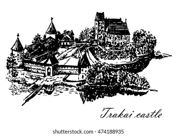 Drawing a top view of the island and Trakai castle in the vicinity of Vilnius, Lithuania, sketch, hand-drawn vector illustration