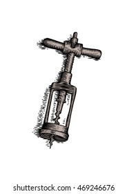 Drawing of top view of old metal corkscrew on white