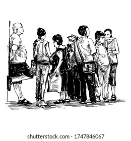 Drawing of tourism are standing at the street 