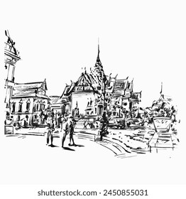 Drawing of Tourists at temple in Thailand