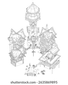 Un dibujo de un pueblo con un edificio Grande en el centro. El dibujo es en blanco y negro y es muy detallado