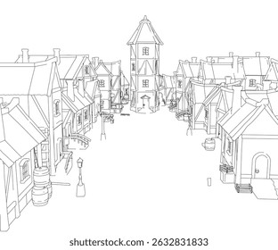 Un dibujo de una ciudad con un edificio Grande en el medio. El dibujo está en blanco y negro