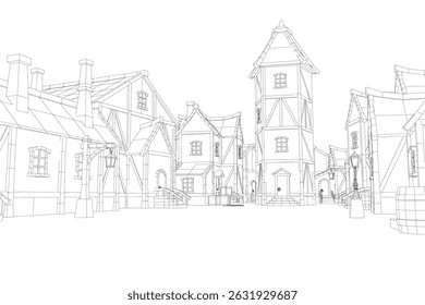 Un dibujo de un pueblo con una casa Grande en el medio. Las casas son Pequeñas y la calle está vacía