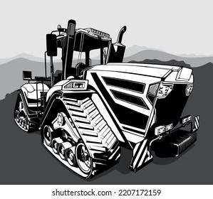 Dibujo del Tractor de Granja de Seguimiento desde la vista frontal - Ilustración en blanco y negro con fondo, vector