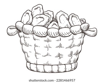 Drawing of a traditional basket with handles, filled with loaves of bread over white background.