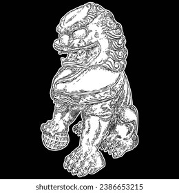 Drawing of traditional Chinese lion on a white background. Oriental Asian lion temple guard. Traditional ancient stone statue lion guardian. Lions are traditionally carved from stone. Vector.