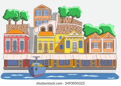 Drawing of traditional colorful Greek houses on the shore of the bay, Symi, Greece