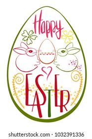 Drawing of a traditional egg and Bunny with a congratulation Happy Easter. Greeting colorful card.  Vector design.