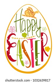 
Drawing of a traditional egg and Bunny with a congratulation Happy Easter. Greeting colorful card.  Vector design.