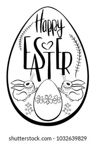 Drawing of a traditional egg and Bunny with a congratulation Happy Easter. Greeting card. Black and white stamp. Vector design.