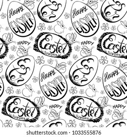 Drawing of a traditional egg and Bunny with a congratulation Happy Easter. Seamless pattern. Black and white stamp. Vector design.

