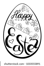 Drawing of a traditional egg and Bunny with a congratulation Happy Easter. Greeting card. Black and white stamp. Vector design.