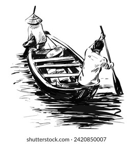 Drawing of the traditional fishing boat at Mekong Delta travel, vietnam