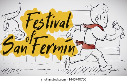 Drawing of a traditional scene in the Spanish Running of the Bulls: angry bull in pursuit of a Spanish runner with traditional attire and holding a newspaper in his hand during Festival of San Fermin.
