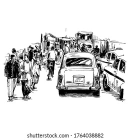 Drawing Of The Traffic At Local Market In India 