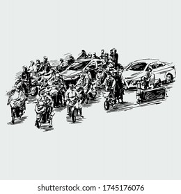 Drawing of traffic on the road in Ho Chi Minh city show riders in rain coats