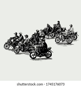 Drawing of traffic on street in Ho Chi Minh city show riders in the rain coats