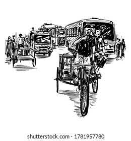 Drawing of the transportation on street in India 