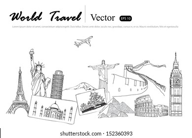 Drawing travel around the world (Japan,France,Italy ,New York,India,egypt)