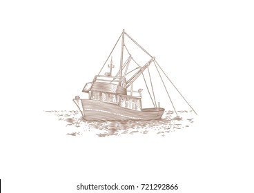 Drawing of trawler fishing at the sea