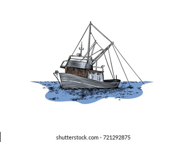 Drawing of trawler fishing at the sea