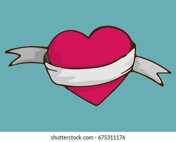 A drawing treated red heart. Vector illustration of heart icon with white ribbon or gauze.