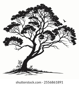 a drawing of a tree with a bird flying in the sky