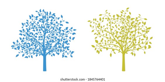 Drawing of a tree in blue and yellow on a white background