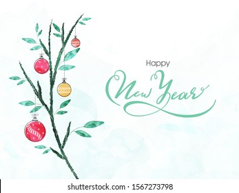 Drawing of tree decorated with baubles and watercolor effect on white background for Happy New Year celebration.